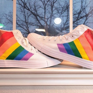 Hand Painted Rainbow Custom Converse High Top Shoes (LGBT LGBTQ+ Gay/Lesbian/Bi/Trans/etc. Pride!) (men&#39;s shoe sizes)