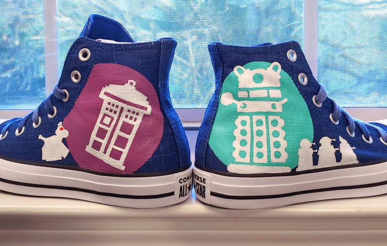 Hand Painted Doctor Who Converse High Tops, Custom Shoes tardis, Dalek, and K9 A Fantastic