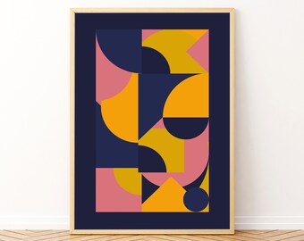 Abstract Printable Wall Art, Navy Mustard Pink Geometric Print, Minimalist Poster, Instant Download, Mid Century Modern Decor Wall Art Print
