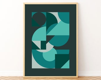 Abstract Printable Wall Art, Rich Green Turquoise Teal Geometric Print, Minimalist Poster, Instant Download, Mid Century Modern Home Decor