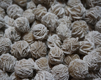 May include: A close-up of a pile of white and brown desert rose crystals. The crystals are clustered together and have a rough, textured surface.