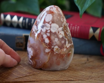 May include: A white, red, and brown agate freeform with a smooth, polished surface. The agate has a unique pattern of white and red spots.