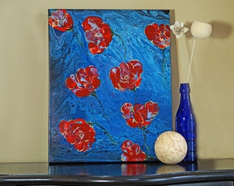 Original Modern Chic Hand- painted beautiful Abstract Red Floral Canvas wall Painting with various blues  background ready to hang anywhere