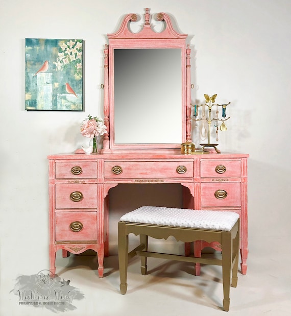 Vintage Vanity Or Dressing Table With Bench Hand Painted In Etsy