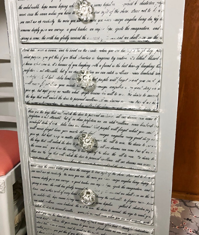 Antique Chifferobe, French Country Wardrobe, or Gray Bedroom Chest painted in layers, and embellished with moulds, transfers, and stamps image 2