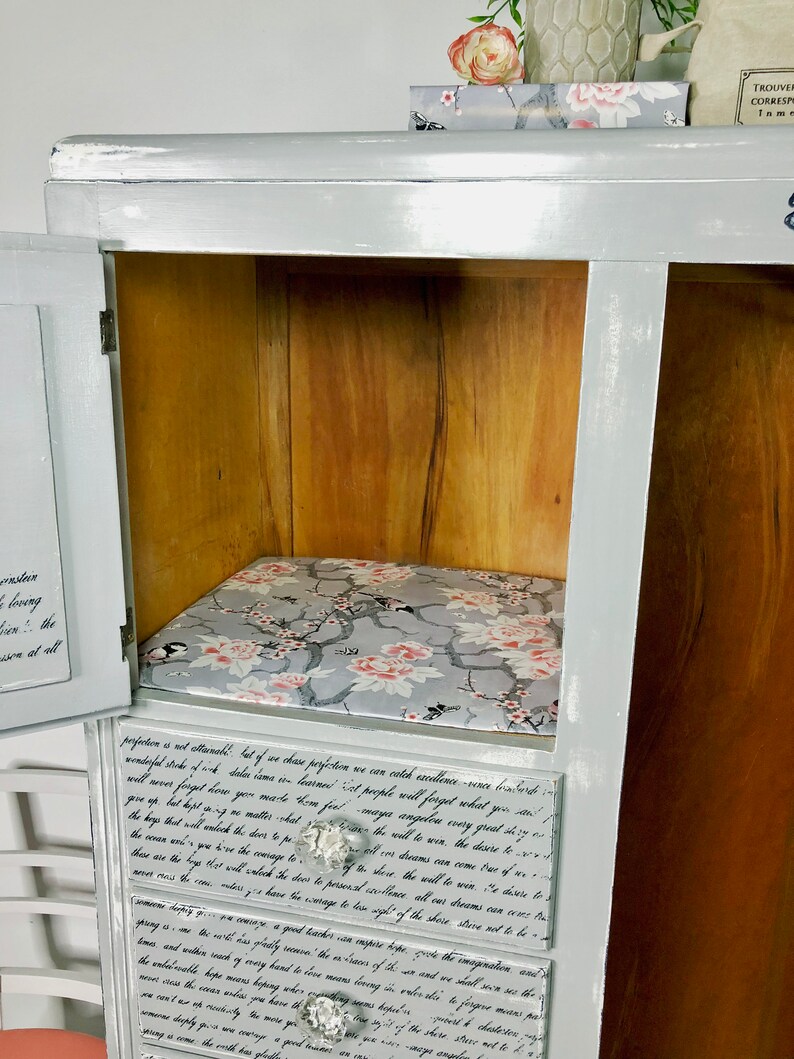 Antique Chifferobe, French Country Wardrobe, or Gray Bedroom Chest painted in layers, and embellished with moulds, transfers, and stamps image 7