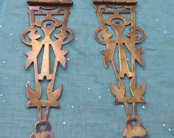 2 Brass Ornate antique rare Hinges rustic reclaimed decorative made N france hardware crafted unique ooak furniture maker making Diy project