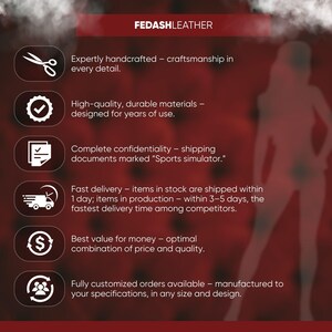 The image is a promotional graphic for a company called FEDASHLEATHER, which specializes in handcrafted leather products. It highlights the company's expertise in crafting leather items with high-quality materials, complete confidence in shipping, fast delivery, and the ability to customize orders to meet individual specifications.