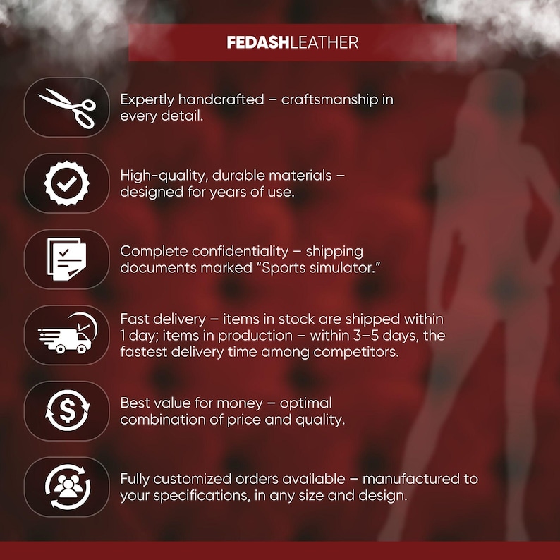 The image is a promotional graphic for a company called FEDASHLEATHER, which specializes in handcrafted leather products. It highlights the company's expertise in crafting leather items with high-quality materials, complete confidence in shipping, fast delivery, and the ability to customize orders to meet individual specifications.