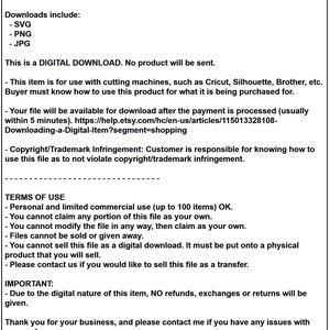 May include: A digital download listing for a design file. The text states that this is a digital download and no physical product will be sent. The file types included are SVG, PNG, and JPG. The listing also includes information about the terms of use and copyright.