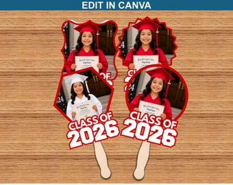 May include: Four graduation photo props with the text "Class of 2026". Each prop features a photo of a child in a graduation cap and gown holding a diploma. The props are red and white with wooden handles.