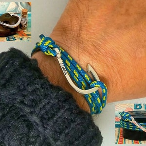 Pulsera gancho premium plata de ley pesada sobre cuerda marítima azul y amarilla. Pulsera náutica. Regalo de pescador. Pulsera marítima.
