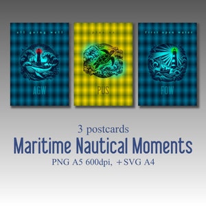 Maritime nautical moments, navigation series of three postcards, vector graphics, turtle, lighthouse, print kit, digital art.
