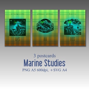May include: Three postcards with a nautical theme. The first postcard features a lighthouse on a cliff with the text "alongside" and "A/S". The second postcard features a wave with the text "always afloat" and "AA". The third postcard features a lighthouse on a cliff with the text "basis" and "BSS".