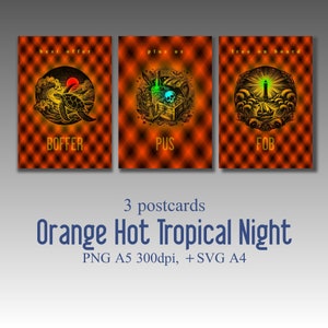May include: Three orange postcards with a checkered pattern. Each postcard features a different illustration in a circle: a turtle swimming in the ocean, a treasure chest with a skull and crossbones, and a lighthouse with a ship sailing towards it. The text "best offer", "plus us", and "free on board" is at the top of each postcard. The text "BOFFER", "PUS", and "FOB" is at the bottom of each postcard. The text "3 postcards Orange Hot Tropical Night PNG A5 300dpi, + SVG A4" is at the bottom of the image.