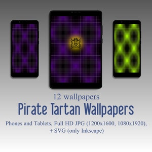 Puede incluir: Doce fondos de pantalla diferentes para teléfono con un patrón de tartán morado y negro con un logotipo de calavera de pirata dorado y huesos cruzados en el centro. Los fondos de pantalla están disponibles en formatos JPG y SVG de alta definición.