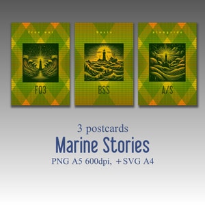 May include: Three postcards with a nautical theme. Each postcard features a lighthouse in a stormy sea with the words "free out", "basis", and "alongside" above the image. The words "FO3", "BSS", and "A/S" are below the images. The text "3 postcards Marine Stories PNG A5 600dpi, + SVG A4" is below the postcards.