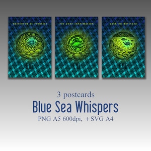 Susurros del mar azul, serie de tres postales, peces, cangrejos, gráficos vectoriales, arte digital, kit de impresión.