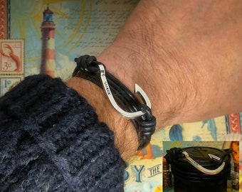 Shark hook bracelet sterling 925 on genuine black leather unisex. Nautical bracelet. Sailing gift. Maritime bracelet.