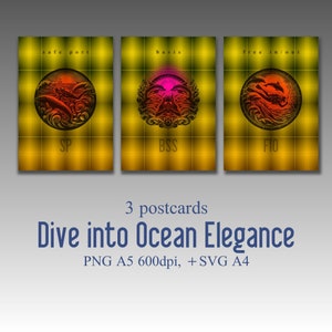 Dive into Ocean Elegance, Serie von drei Postkarten, Taucher, Delfin, Hafen, Vektor-Grafiken, digitale Kunst, Print-Kit.