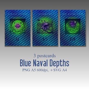 Profondeurs navales bleues, série de trois cartes postales, poisson, poulpe, graphiques vectoriels, art numérique, kit d'impression.