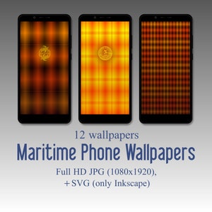 May include: Three phone wallpapers with a grid pattern in shades of orange and brown. The wallpapers feature a nautical theme with a stylized image of a ship's wheel and a seahorse.