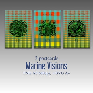 May include: Three postcards with a nautical theme. Each postcard features a green sea turtle with a checkered background. The text on the postcards reads "free in out", "free out", and "always afloat".
