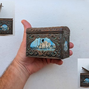 Antique Russian Imperial Tea Tin, A. Kuznetsov Successor of Gubkin, vintage rusty patina metal box, ancient moscow tin tea can.