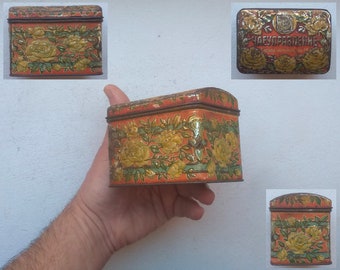 Antique 30s Tea Display Box russian floral gorgeous canister gorgeous roses,  vintage rusty patina metal box, ancient moscow tin tea can.