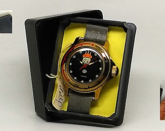 Men's  vintage soviet mechanical  Wostok Amphibian Nos, brand new, gilt watch, made in USSR 1980s with Original Box & Papers