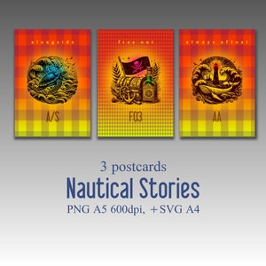 Historias náuticas, serie de tres postales, tortuga, faro, cofre pirata, arte digital, gráficos vectoriales, kit de impresión.
