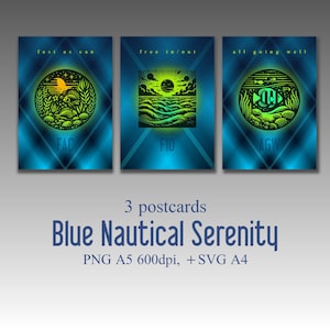 Serenidad náutica azul, serie de tres postales, peces, mar, gráficos vectoriales, arte digital, kit de impresión.