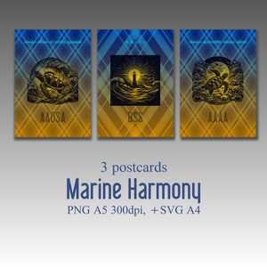 May include: Three postcards with a blue and yellow plaid background. Each postcard features a different image: a turtle swimming in the ocean, a lighthouse on a rocky shore, and a turtle swimming in the ocean. The text "always afloat or safely aground" is on the top of the first postcard. The text "basic" is on the top of the second postcard. The text "always accessible always afloat" is on the top of the third postcard. The text "AAUSA" is at the bottom of the first postcard. The text "BSS" is at the bottom of the second postcard. The text "AAAA" is at the bottom of the third postcard. The text "3 postcards Marine Harmony PNG A5 300dpi, + SVG A4" is at the bottom of the image.