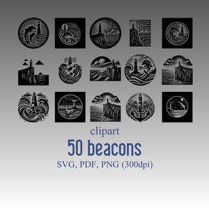 May include: A set of 50 black and white lighthouse illustrations. The illustrations feature lighthouses, waves, seagulls, and other nautical elements. The text "clipart 50 beacons SVG, PDF, PNG (300dpi)" is at the bottom of the image.