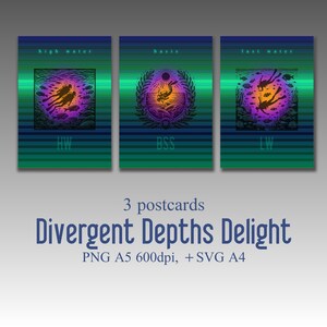 Divergent Depths Delight, série de trois cartes postales, plongeur, dauphin, poisson, graphiques vectoriels, art numérique, kit d'impression.
