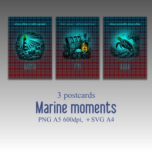Marine Momente, Serie mit drei Postkarten, Schildkröte, Leuchtturm, Piratentruhe, digitale Kunst, Vektorgrafik, Printkit.