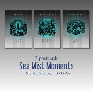 Moments de brume marine, série de trois cartes postales, tortue, phare, coffre de pirate, graphiques vectoriels, art numérique, kit d'impression.