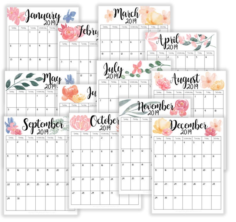 2019 Desk Calendar Printable Watercolor Botanical Floral Etsy