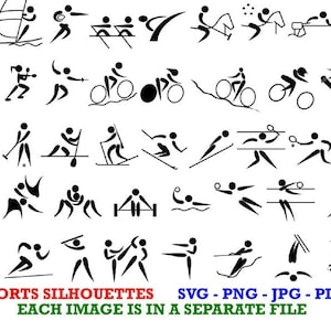 Puede incluir: Un conjunto de 30 siluetas de deportes en blanco y negro. Las siluetas representan varios deportes, incluyendo natación, remo, ciclismo, equitación, y más. Cada silueta está en un archivo separado.