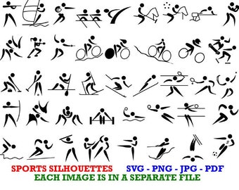 Könnte beinhalten: Ein Satz von 30 schwarzen und weißen Sport-Silhouetten. Die Silhouetten zeigen verschiedene Sportarten wie Schwimmen, Rudern, Radfahren, Reiten und mehr. Jede Silhouette befindet sich in einer separaten Datei.