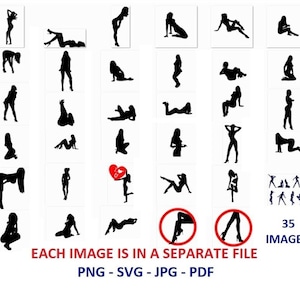 Op de afbeelding: Een set van 35 zwarte silhouetbeelden van vrouwen in verschillende poses. Elk beeld is beschikbaar in de formaten PNG, SVG, JPG en PDF.