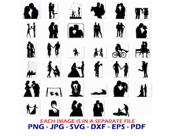 Silhuetas de casais, silhueta de amantes, silhuetas de casamento, imagens clipart, download instantâneo de arquivo PNG, SVG, JPG