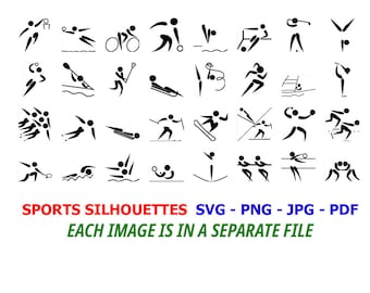 Könnte beinhalten: Ein Satz von 30 Schwarzweiß-Silhouetten-Icons, die verschiedene Sportarten darstellen. Die Icons sind in Reihen angeordnet und beinhalten Sportarten wie Basketball, Schwimmen, Radfahren, Golf und mehr.
