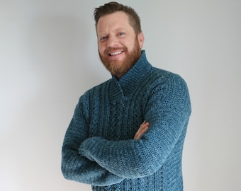 CROCHET PATTERN & VIDEO/ Dapper Dad Pullover, Pdf digital download, Mens Cabled Sweater, sizes S-5X, mens crochet sweater