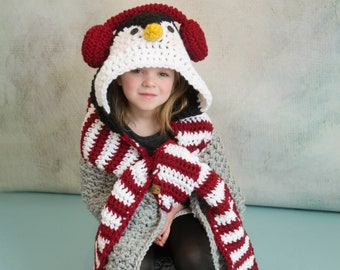 CROCHET PATTERN Hooded Penguin Blanket / Pdf digital download / winter penguin blanket / scarf and earmuffs penguin