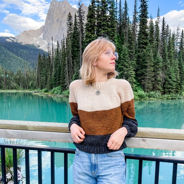 CROCHET PATTERN & VIDEO/Rocky Mountain Colourblock Crochet Sweater, top-down crochet sweater, easy crochet sweater pattern, one-peice, Xs-5X