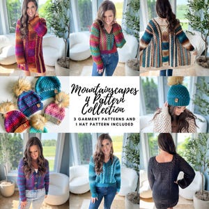 May include: A crochet pattern collection called "Mountainscapes 4 Pattern Collection" featuring 3 garment patterns and 1 hat pattern. The image shows 6 different crochet garments in various colours, including teal, purple, and brown. The garments are modelled by women wearing jeans.