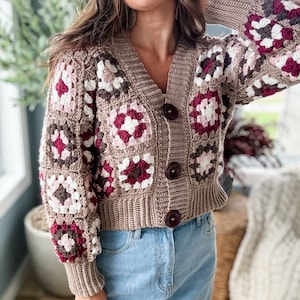 CROCHET CARDIGAN PATTERN / Granny Square Cardigan, Crop Cardigan with buttons, Join-as-you-go Granny Square Cardigan Pattern image 1