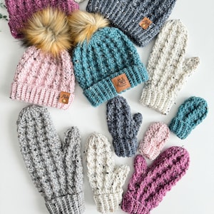 Crochet textured cable hat and mitten pattern for women,baby men and children