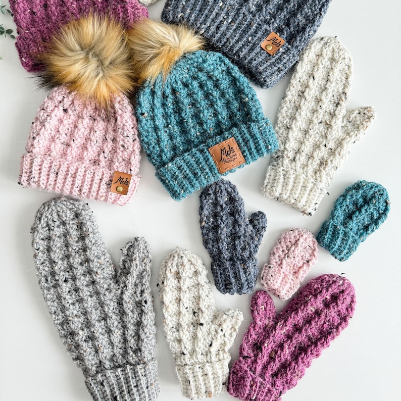 Crochet textured cable hat and mitten pattern for women,baby men and children